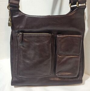 VTG 90s Fossil Classic Brown Leather Multi Pockets Quality Should Handbag Purse